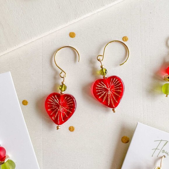 Handmade Jewelry - Colourful Beaded Drop Earrings Red Lime Green Gold | Funky Jewellery